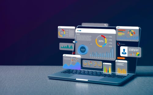 Computer laptop and dashboard for data business analysis and Data Management System with KPI