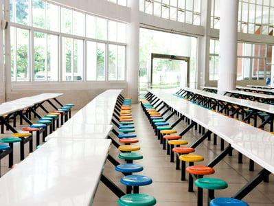 Elementary school cafeteria with multicolored swivel seats