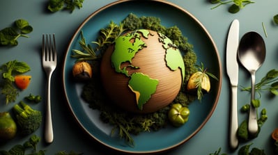 Globe on a plate with fork and knife on a light background, world Food Day concept background wallpaper